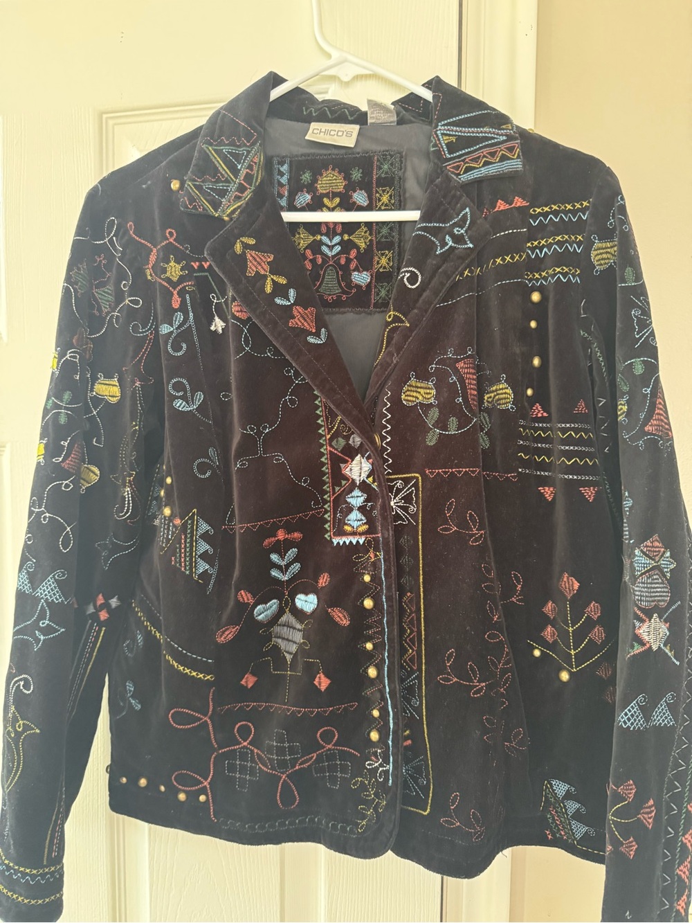 Chico's Black Velvet Jacket with Multicolor Embroidery and Stud Details